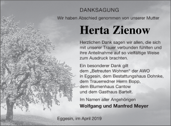 Traueranzeige von Herta Zienow von Haff-Zeitung