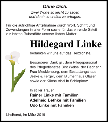 Traueranzeige von Hildegard Linke von Prenzlauer Zeitung