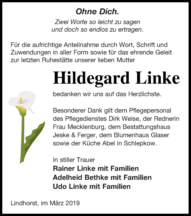  Traueranzeige für Hildegard Linke vom 06.04.2019 aus Prenzlauer Zeitung
