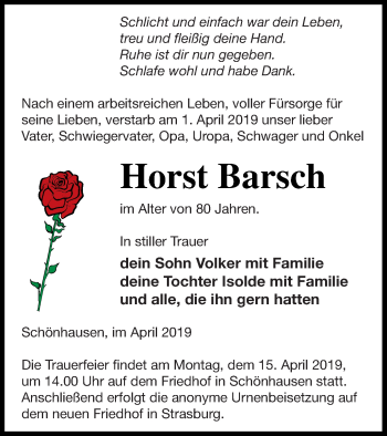 Traueranzeige von Horst Barsch von Pasewalker Zeitung