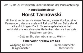 Traueranzeige von Horst Tarnowski von Güstrower Anzeiger