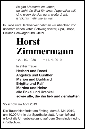 Traueranzeige von Horst Zimmermann von Vorpommern Kurier