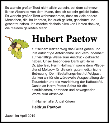 Traueranzeige von Hubert Paetow von Müritz-Zeitung