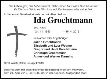 Traueranzeige von Ida Grochtmann von Mecklenburger Schweiz