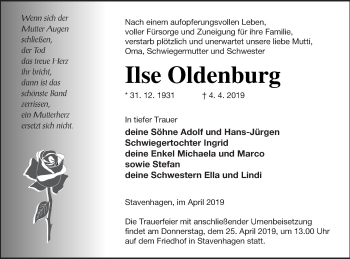 Traueranzeige von Ilse Oldenburg von Mecklenburger Schweiz