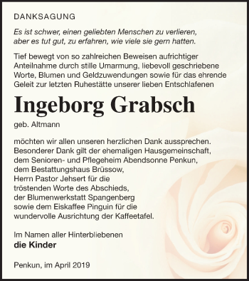 Traueranzeige von Ingeborg Grabsch von Pasewalker Zeitung