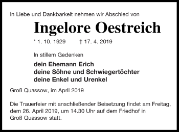 Traueranzeige von Ingelore Oestreich von Strelitzer Zeitung