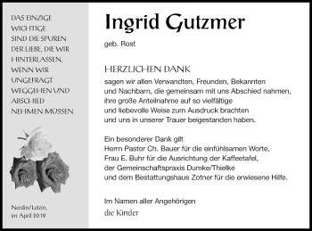 Traueranzeige von Ingrid Gutzmer von Vorpommern Kurier