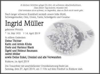 Traueranzeige von Ingrid Müller von Vorpommern Kurier