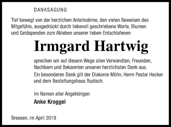 Traueranzeige von Irmgard Hartwig von Neubrandenburger Zeitung