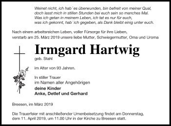 Traueranzeige von Irmgard Hartwig von Neubrandenburger Zeitung