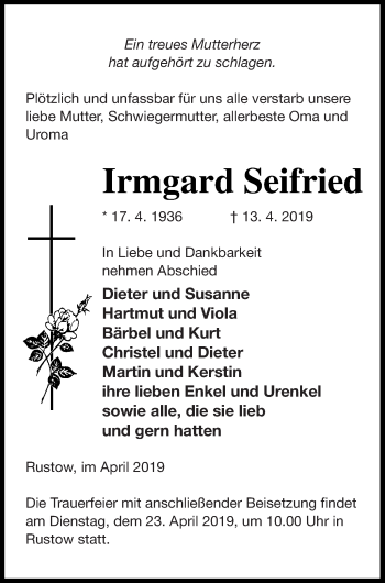 Traueranzeige von Irmgard Seifried von Vorpommern Kurier