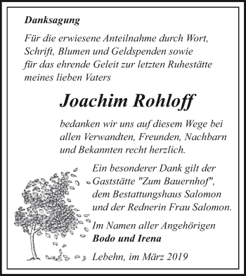 Traueranzeige von Joachim Rohloff von Pasewalker Zeitung