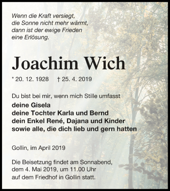 Traueranzeige von Joachim Wich von Templiner Zeitung