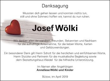 Traueranzeige von Josef Wölki von Müritz-Zeitung