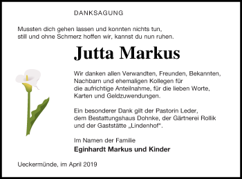 Traueranzeige von Jutta Markus von Haff-Zeitung