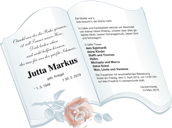 Traueranzeige von Jutta Markus von Haff-Zeitung