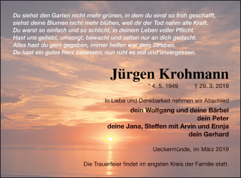 Traueranzeige von Jürgen Krohmann von Haff-Zeitung