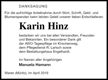 Traueranzeige von Karin Hinz von Müritz-Zeitung