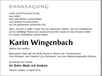 Traueranzeige von Karin Wingenbach von Müritz-Zeitung