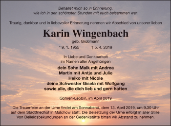 Traueranzeige von Karin Wingenbach von Müritz-Zeitung