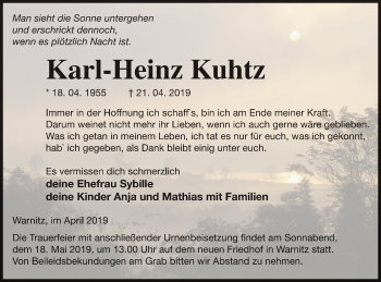 Traueranzeige von Karl-Heinz Kuhtz von Prenzlauer Zeitung