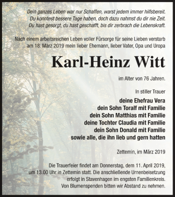 Traueranzeige von Karl-Heinz Witt von Mecklenburger Schweiz