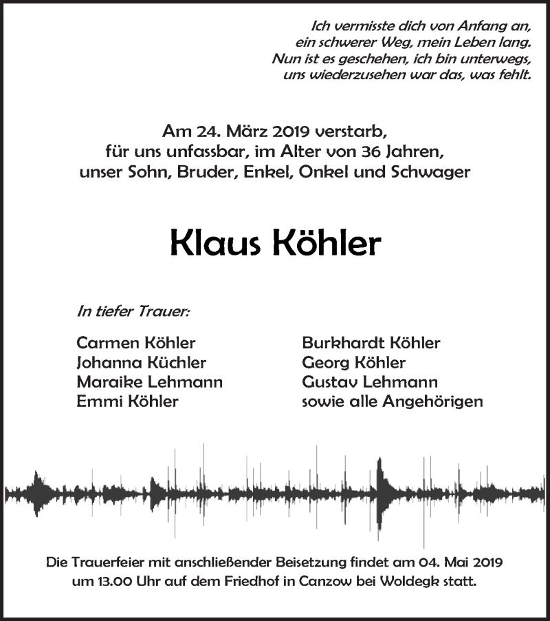  Traueranzeige für Klaus Köhler vom 26.04.2019 aus Pasewalker Zeitung