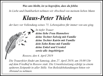 Traueranzeige von Klaus-Peter Thiele von Pasewalker Zeitung