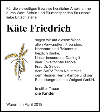 Traueranzeige von Käte Friedrich von Müritz-Zeitung