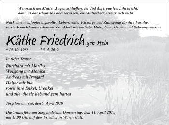 Traueranzeige von Käthe Friedrich von Müritz-Zeitung