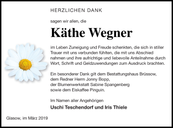 Traueranzeige von Käthe Wegner von Pasewalker Zeitung