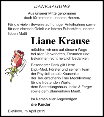 Traueranzeige von Liane Krause von Prenzlauer Zeitung