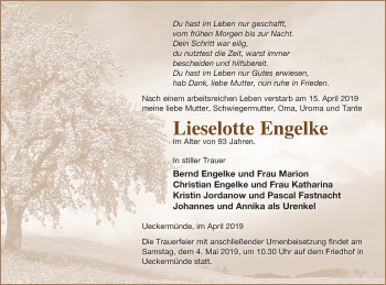 Traueranzeige von Lieselotte Engelke von Haff-Zeitung