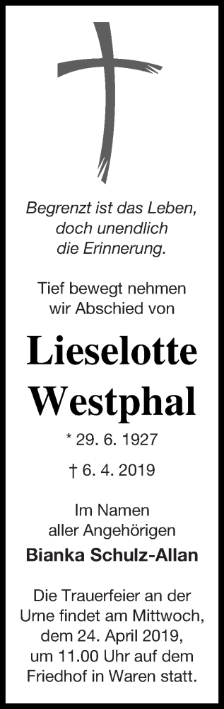 Traueranzeige von Lieselotte Westphal von Müritz-Zeitung