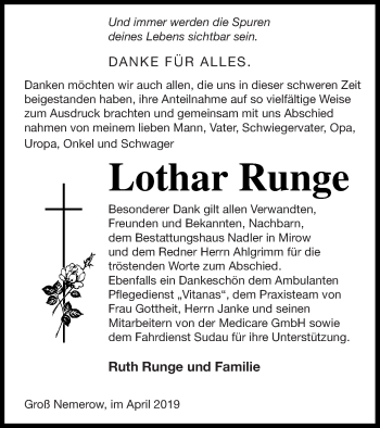 Traueranzeige von Lothar Runge von Neubrandenburger Zeitung