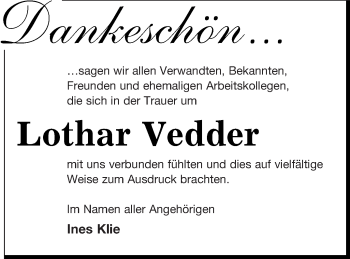 Traueranzeige von Lothar Vedder von Vorpommern Kurier