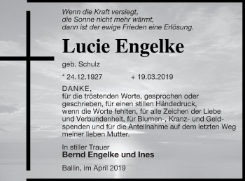 Traueranzeige von Lucie Engelke von Neubrandenburger Zeitung