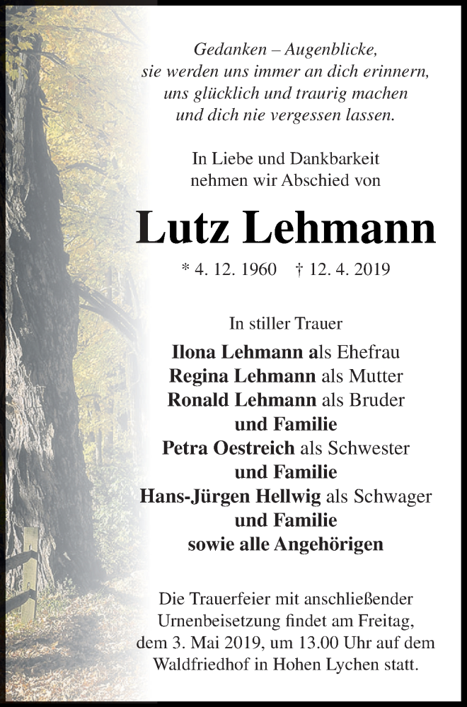  Traueranzeige für Lutz Lehmann vom 18.04.2019 aus Templiner Zeitung