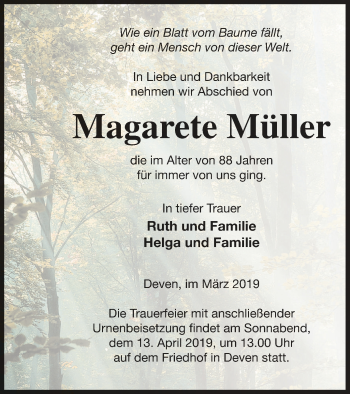 Traueranzeige von Magarete Müller von Müritz-Zeitung