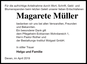 Traueranzeige von Magarete Müller von Mecklenburger Schweiz