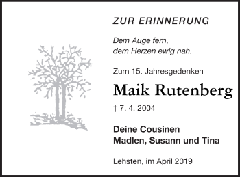 Traueranzeige von Maik Rutenberg von Müritz-Zeitung