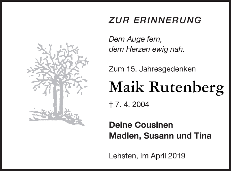  Traueranzeige für Maik Rutenberg vom 06.04.2019 aus Müritz-Zeitung