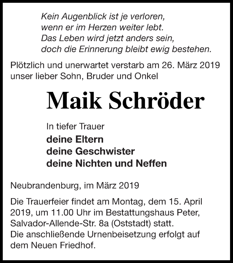  Traueranzeige für Maik Schröder vom 05.04.2019 aus Neubrandenburger Zeitung