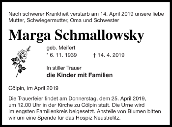 Traueranzeige von Marga Schmallowsky von Neubrandenburger Zeitung