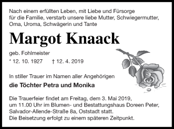 Traueranzeige von Margot Knaack von Neubrandenburger Zeitung