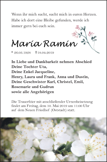 Traueranzeige von Maria Ramin von Neubrandenburger Zeitung