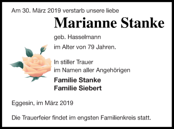 Traueranzeige von Marianne Stanke von Haff-Zeitung