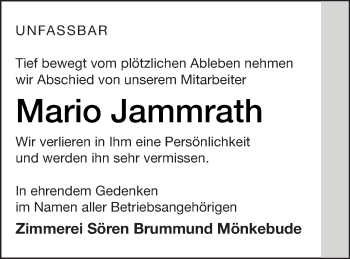 Traueranzeige von Mario Jammrath von Haff-Zeitung