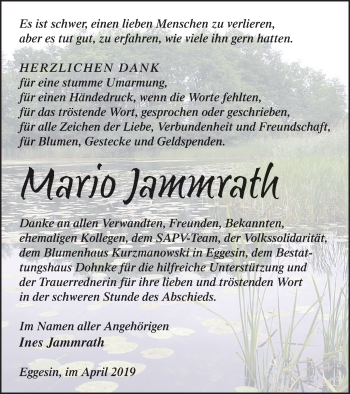 Traueranzeige von Mario Jammrath von Haff-Zeitung